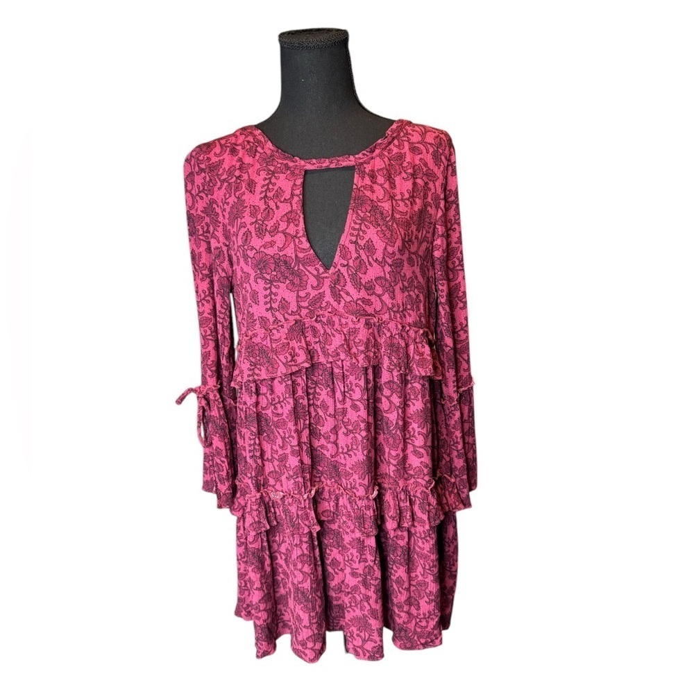 American Eagle Boho Floral Tiered Mini Dress M Tassel Keyhole Cottagecore B173